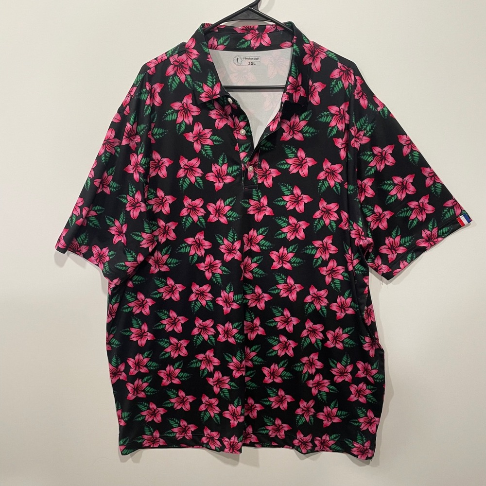 U Suck at Golf Mens 3XL‎ Black Pink Floral Print Short Sleeve Polo Shirt